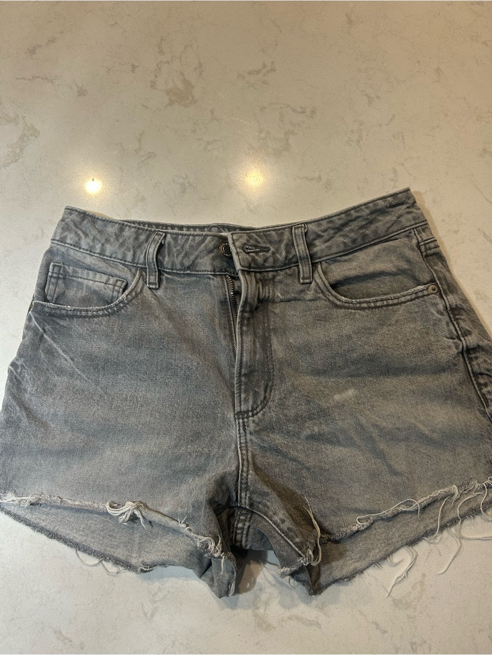 High-Rise Washed Gray Denim Shorts with Frayed Hem